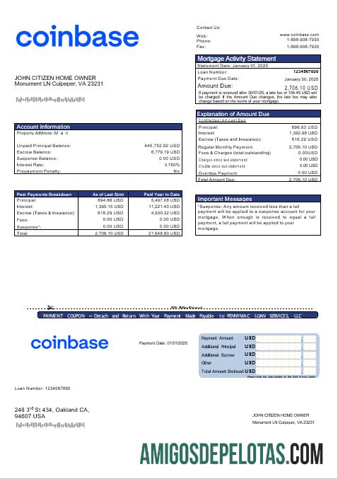 Declaração de hipoteca Coinbase dos EUA em formatos Word e PDF modelo
